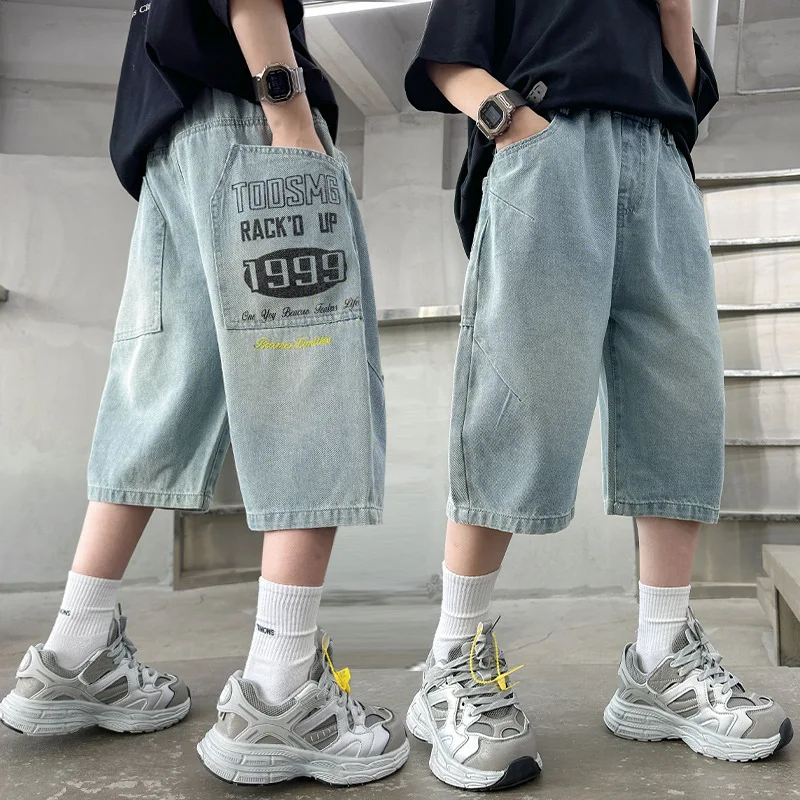 

Teenager Boys Casual Jeans Shorts for Tweens Children Letter Denim Shorts with Back Pocket Kids Knee-Length Pants Age 5-14T