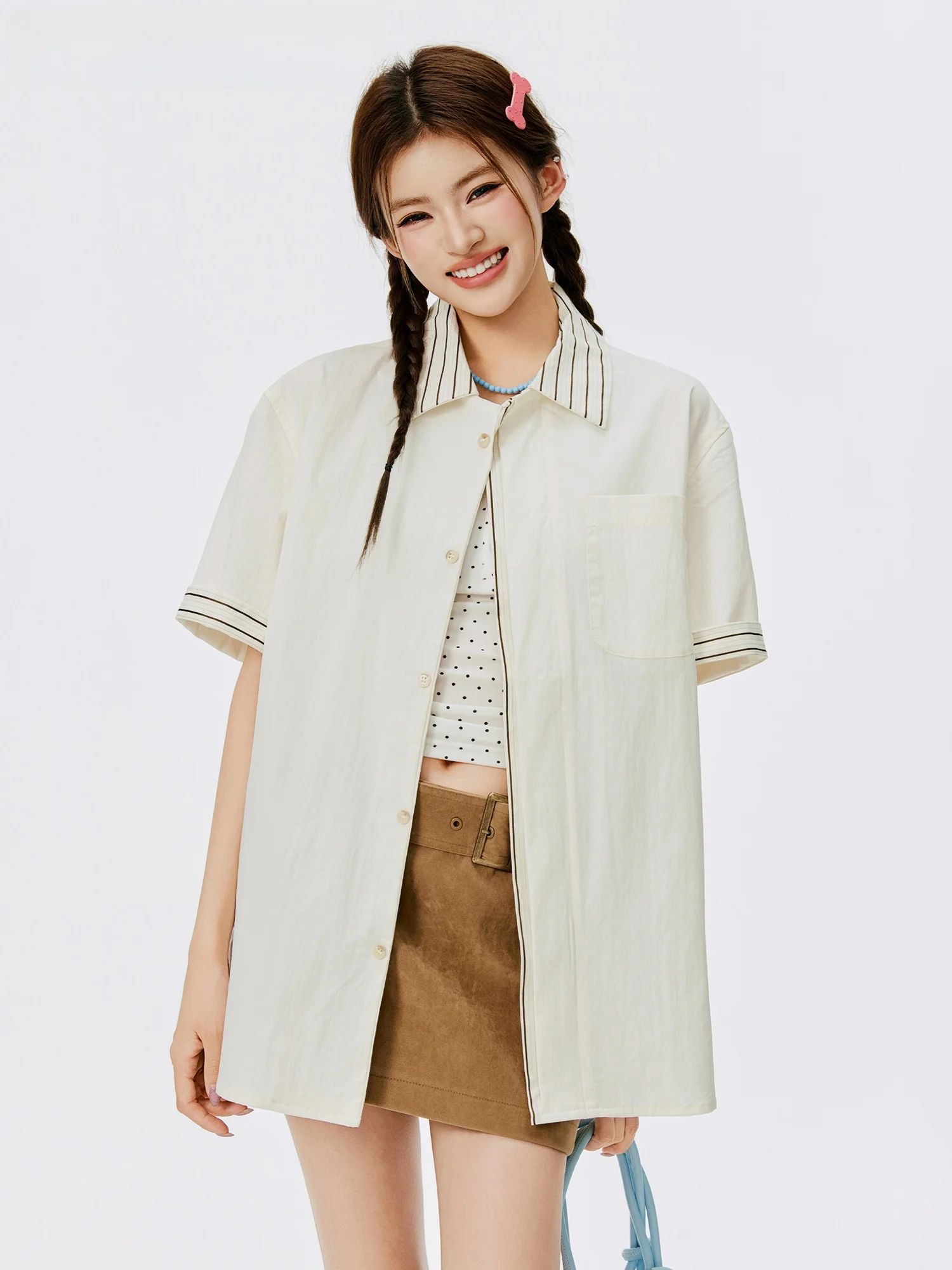 

Женская пляжная рубашка Burgenland в полоску с отложным воротником и коротким рукавом, в корейском стиле, свободного кроя, летняя верхняя одежда, дышащая, с защитой от солнца