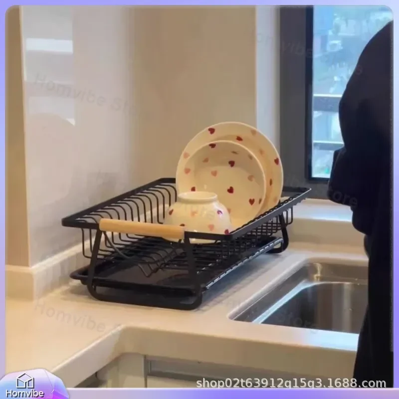 Kitchen Sink Side Drain Rack Countertop Dish Shelf Bowl Holder with Water Tray for Household Organization Storage
