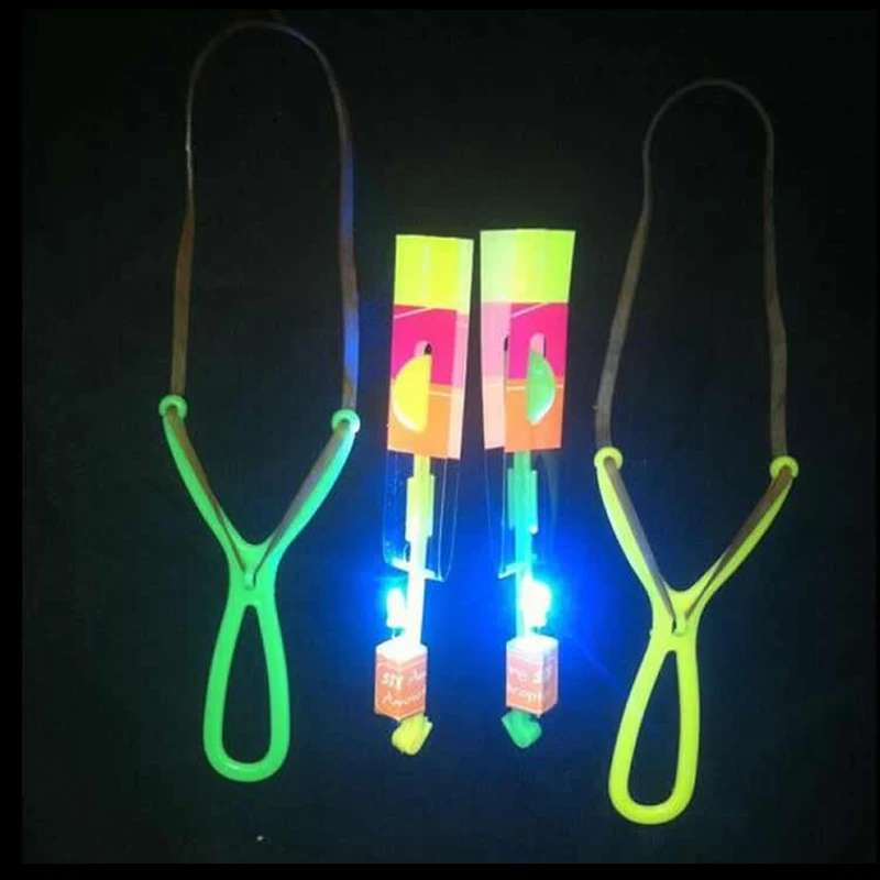 5PCS Outdoor Shining Rocket Flash LED Light Night Kids Luminous Slingshot Toys Shine Slingshot Elastic Helicopter Rotating Toy