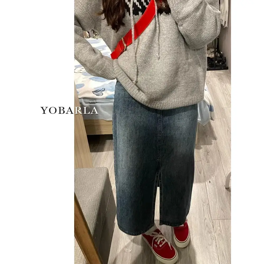 

Retro Slit Denim Skirt Women's High Waist Slimming Pear Shape Mid-Length A-Line Skirt Casual Blue Cotton Polyester