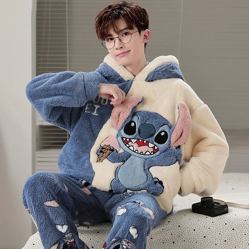 Men Pajamas Set Winter Coral Velvet Warm Sleepwear Cartoon Anime Long Sleeve Hooded Home Suit Thickened Flannel Loungewear