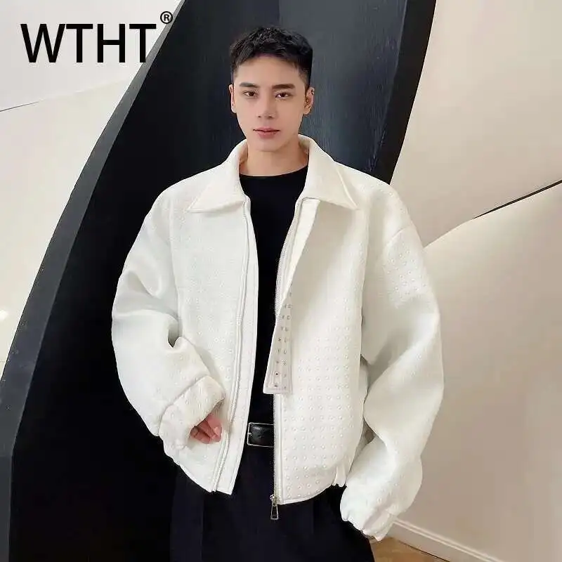 

WTHT Fashion Men's Solid Color Rivets Texture Zipper Design Casual Coats Trendy Loose Lapel Long Sleeves Jackets Male 2A0304