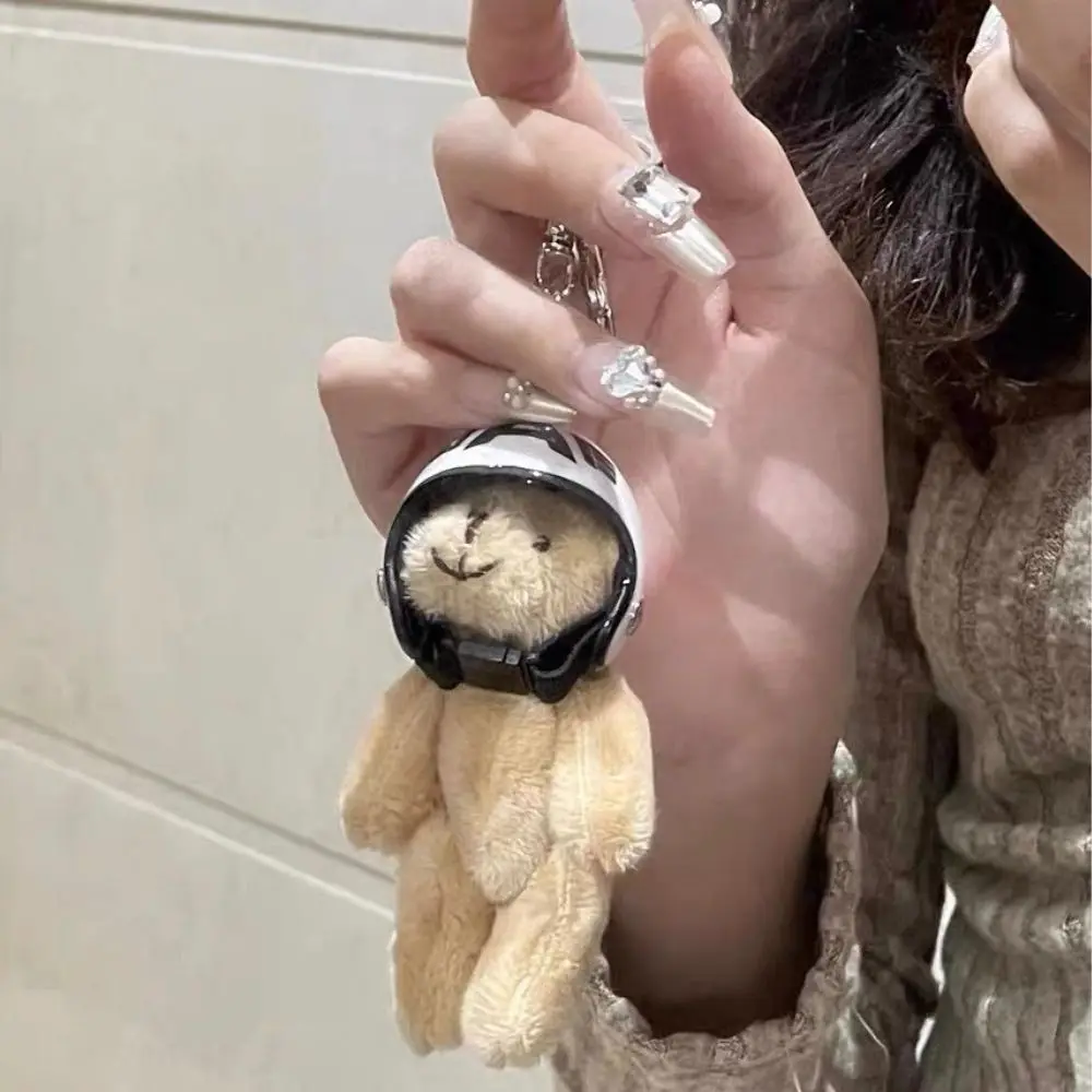 Hot Sale Bag Charms Plush Toy Motocycle Helmet Bear Pendants Keychain Hanging Decor Bag Pendant Couple Gift Cute Mini Cartoon