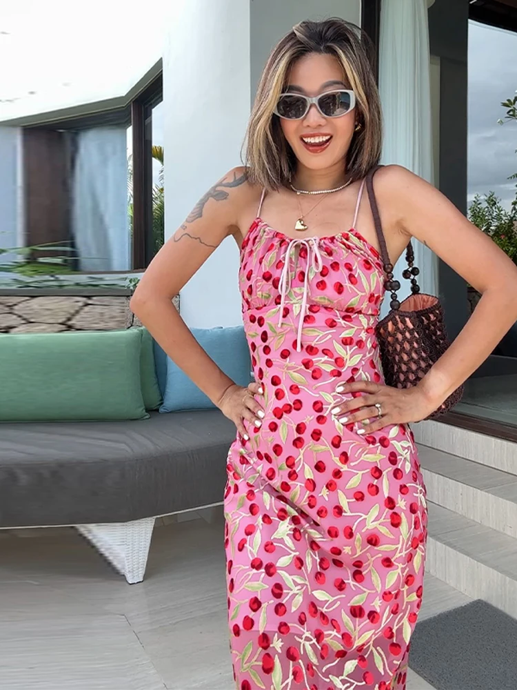 Retro Printed Camisole Long Dress Woman Lace up Waist Cinched Backless Flower Sleeveless Dresses Fashion Sexy Lady's New Dresses - Image 5