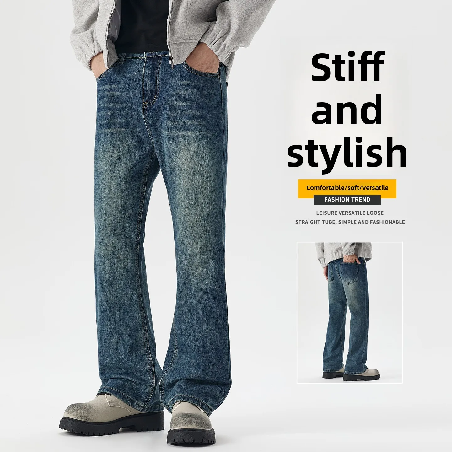 

Высококачественные потертые джинсы в стиле ретро, мужские осенне-зимние 2022, новый модный тренд с широкими брюками, прямые брюки