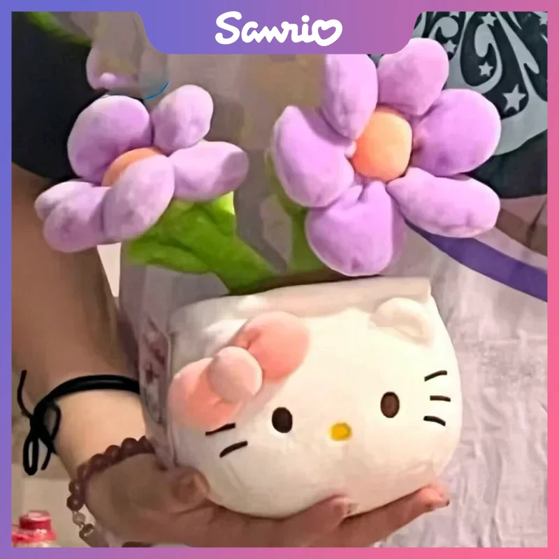SANRIO HelloKitty plushie ใหม่กระถางต้นไม้ตุ๊กตาผ้ากำมะหยี่สีส้ม KT ห้องดอกไม้สีม่วงของขวัญคริสต์มาสสำหรับเด็ก