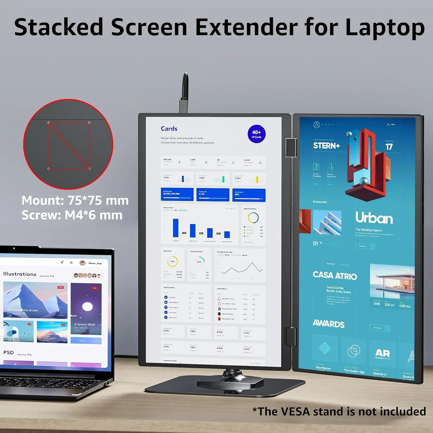 Moniteur Portable double 15.6 pouces, 1920x1080P FHD, réglable, double empilé, pliable, haut-parleurs intégrés, extension d'écran