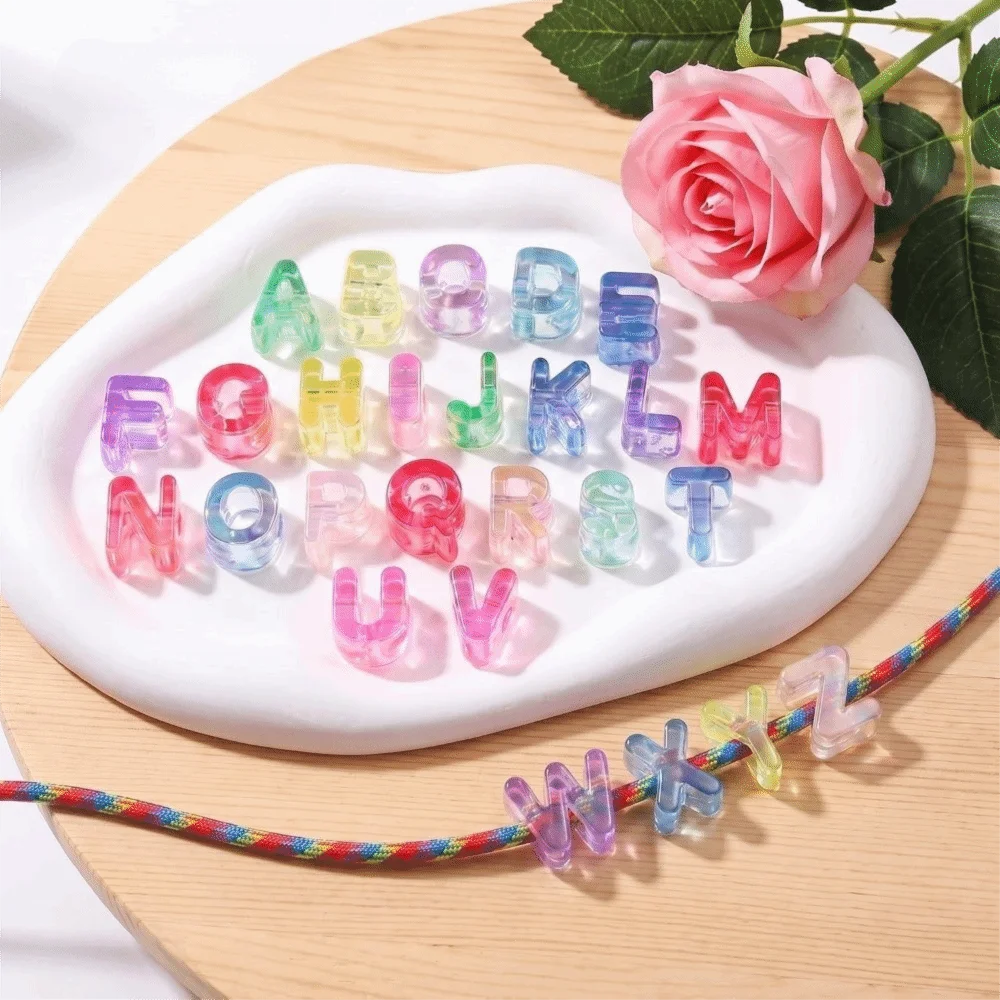 26PCS Marble Texture Acrylic Letter Beads Colored Transparent DIY Craft Beads Large Hole Loose Bead Name Bracelet Beads