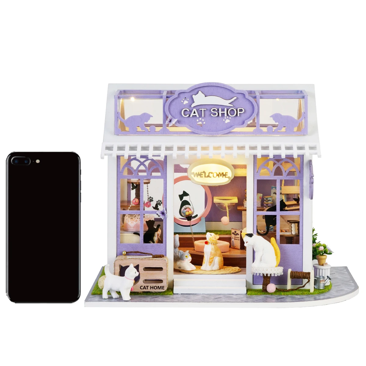 بيت الدمية الخشبي المصغر ثلاثي الأبعاد مجموعة ألغاز بناء أطقم منمذجة متجر القطط غرفة صغيرة لعب المنزل مع الأثاث هدايا عيد الميلاد #5