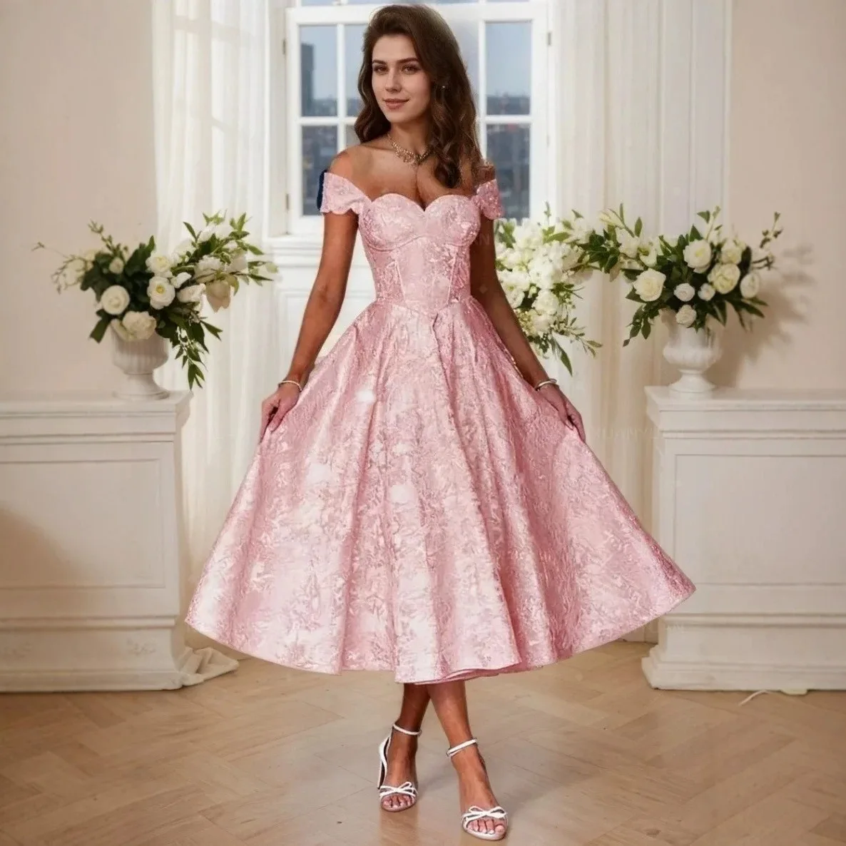 

Evening dress amazon 2026 new pink jacquard bandeau waist a-line bridesmaid dress aliexpress export model