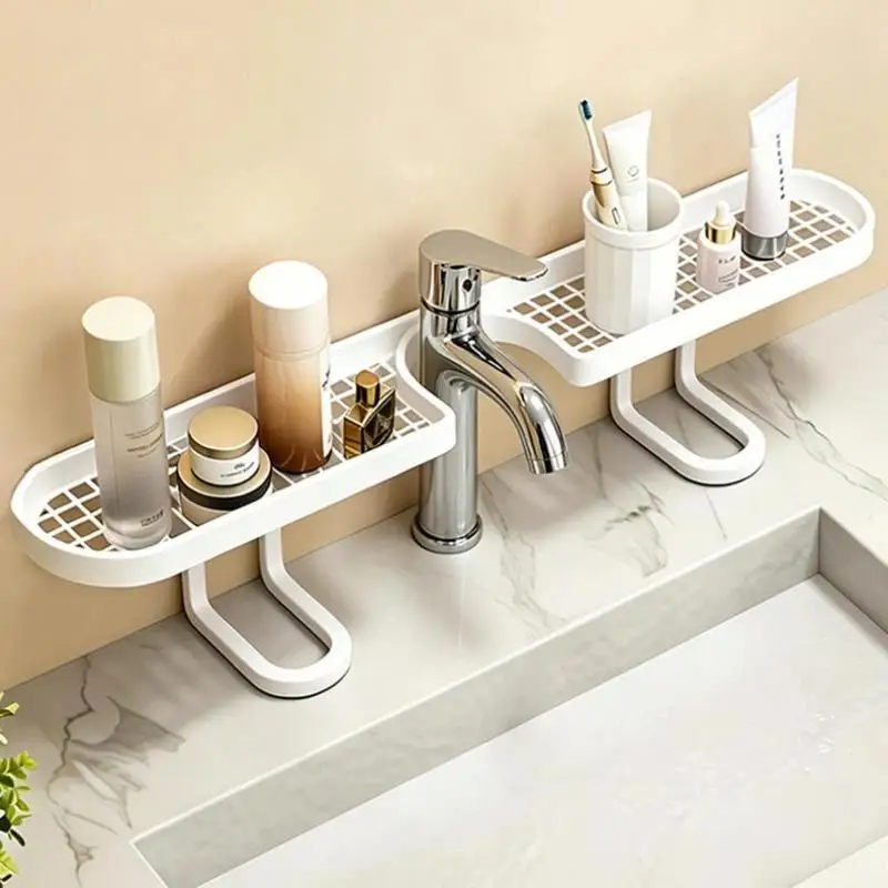 Anti Slip Faucet Storage Rack Bathroom Counter Skincare Cosmetics Organizer Holder Hollow Out Drainer Bathroom Shelf