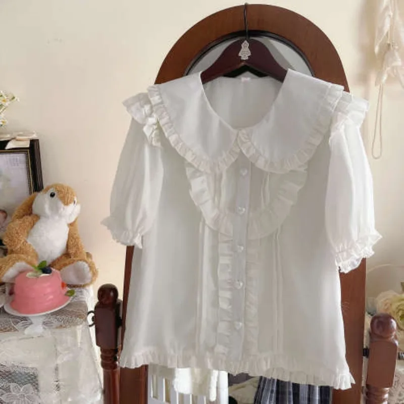 Blusa Lolita de manga corta con cara de muñeca para mujer, blusa dulce y fresca, ropa cómoda y versátil, primavera y verano, nueva moda