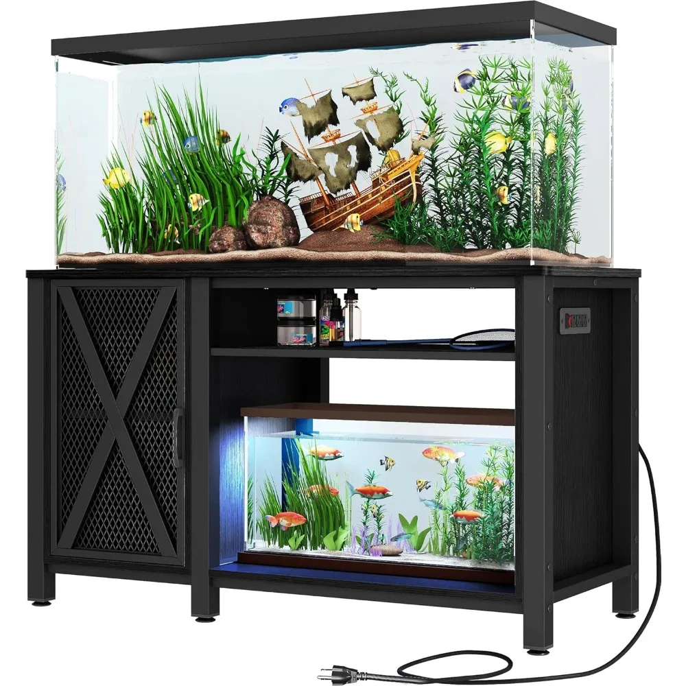 

55-75 Gallon Aquarium Stand with Power Outlets, Cabinet for Fish Tank Accessories Storage - Heavy Duty Metal Fish Tank Stand Su