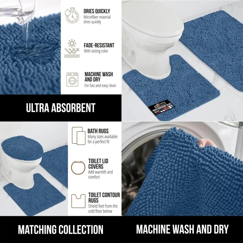 

Blue 2-Piece Chenille Bath Rug Set: Soft, Absorbent Microfiber Mats for Toilet and Floor, Quick-Drying Home Decor and Bathroom A