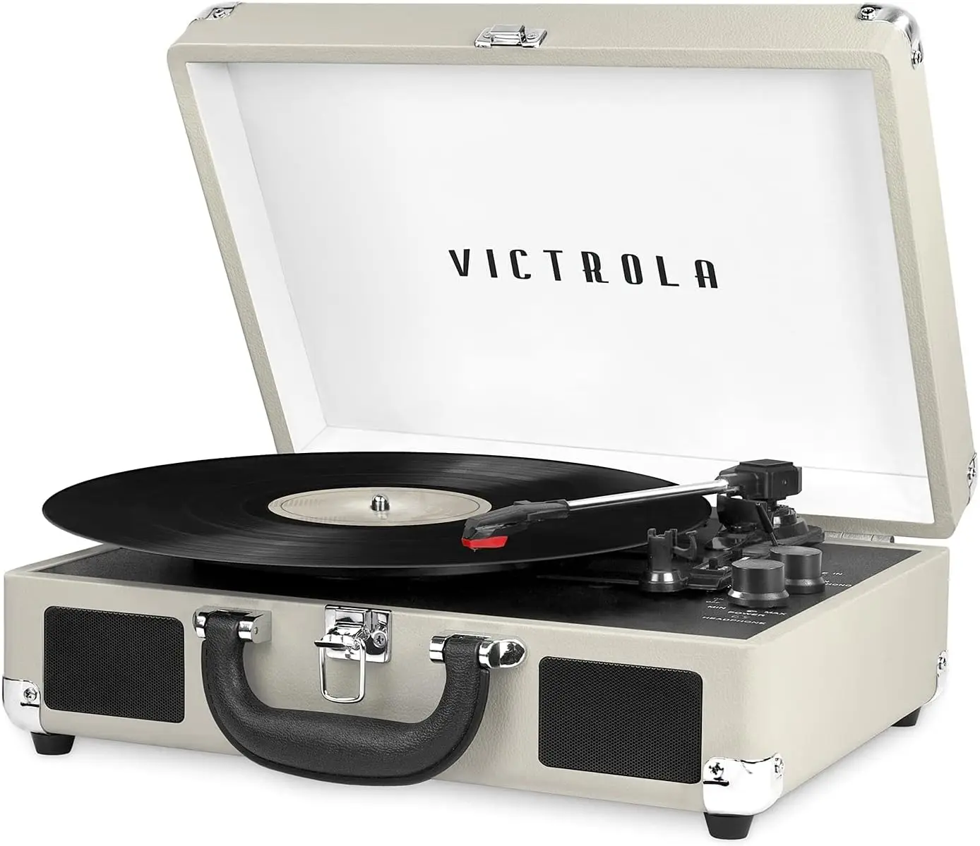 

Portable Bluetooth Suitcase Record Player with Built-in Speakers, 3-Speed Turntable, RCA and Headphone Jack in Light Grey