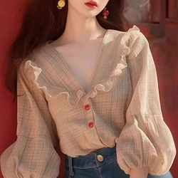 Vintage Women's Blouses Spring/Summer New Plaid Loose Patchwork Tops Long Sleeves Korean Clothing Sales Ruffles Women Shirts