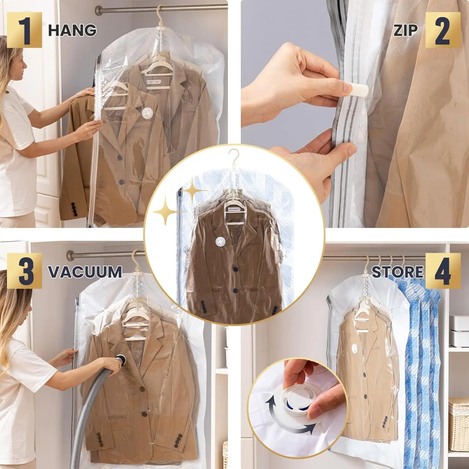 TAILI tas penyimpanan vakum gantung 6 buah, tas penghemat ruang, tas penyimpanan gantung untuk pakaian, segel vakum untuk setelan, gaun, jaket