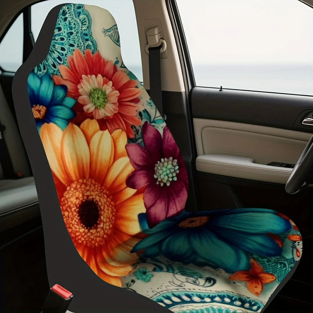 2pcs, Bohemian Mandala Dahlias Floral Blossom Pattern Front Seat Covers Covers, Ideal For SUVs, Sedans, And Trucks, Durable And