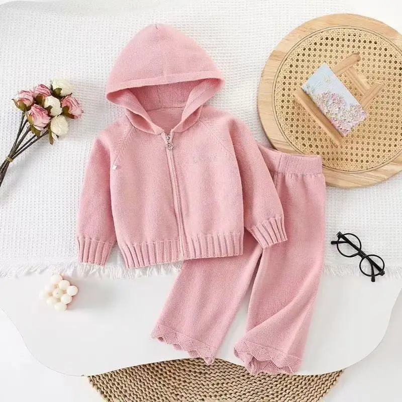 

Children's Knitwear Set - Autumn/Winter 2026 New Arrival Girls' Hooded Zip-Up Knitted Cardigan Trousers Korean Style Chic Trendy