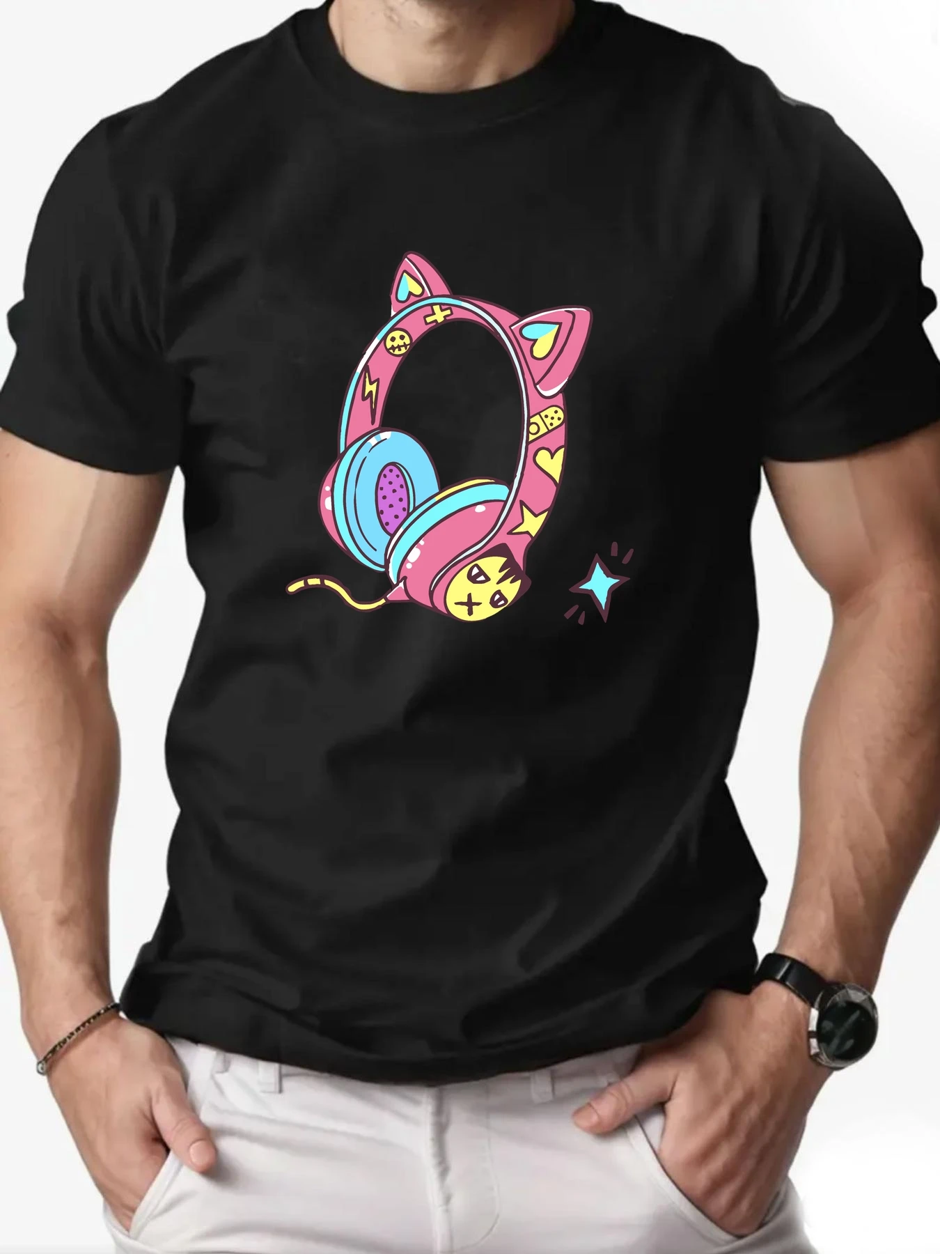 

Men's T-Shirt Kitten headphones Cartoon Pattern Summer 100% Cotton O-Neck Casual Short Sleeve Summer Fashion Breathable Top Tees