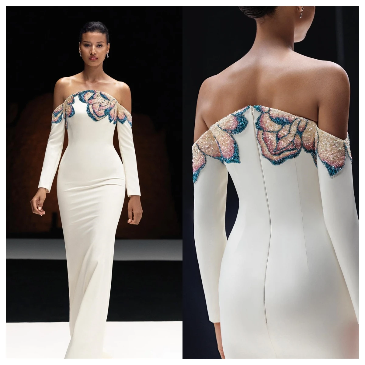 Aangepaste prachtige witte jersey avondjurk boothals uit de schouder lange mouwen beroemdheidsjurken bruidsfeest applicaties