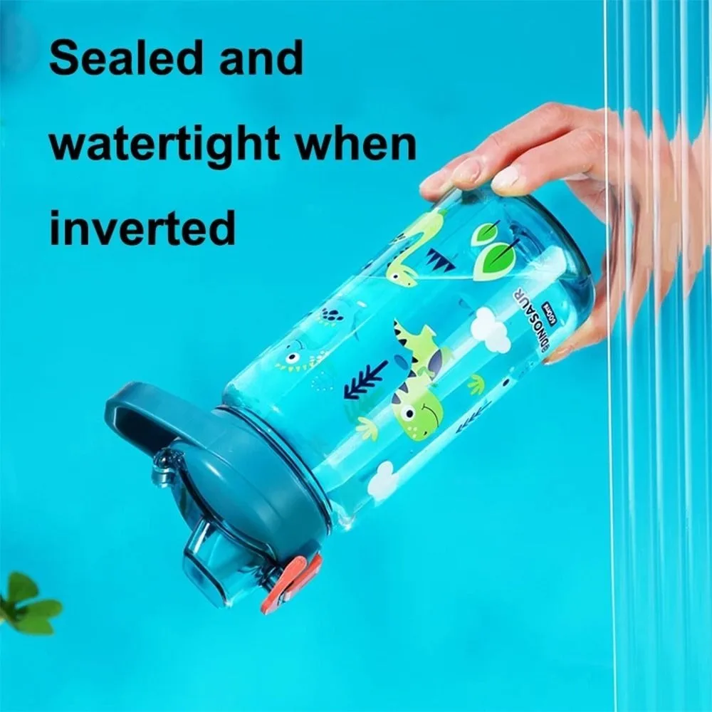 Portable 600ml Water Bottle With Silicone Straw Dinosaur Kids Water Cup Leakproof Plastic Water Sippy Cup Summer