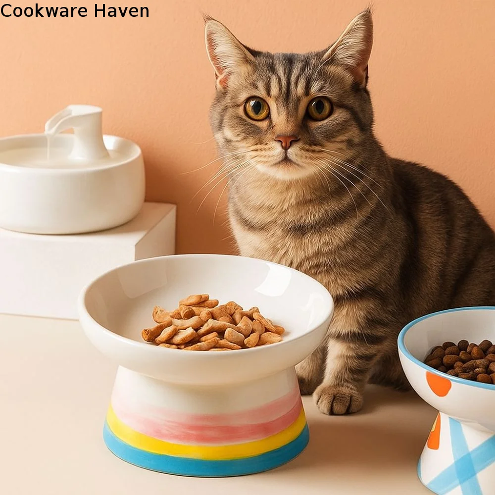 Ceramic Cat Bowl Handmade Flat/Slanted Mouth Cat Elevated Bowl Cervical Spine Protection Anti Tipping Pet Drinking Feeder