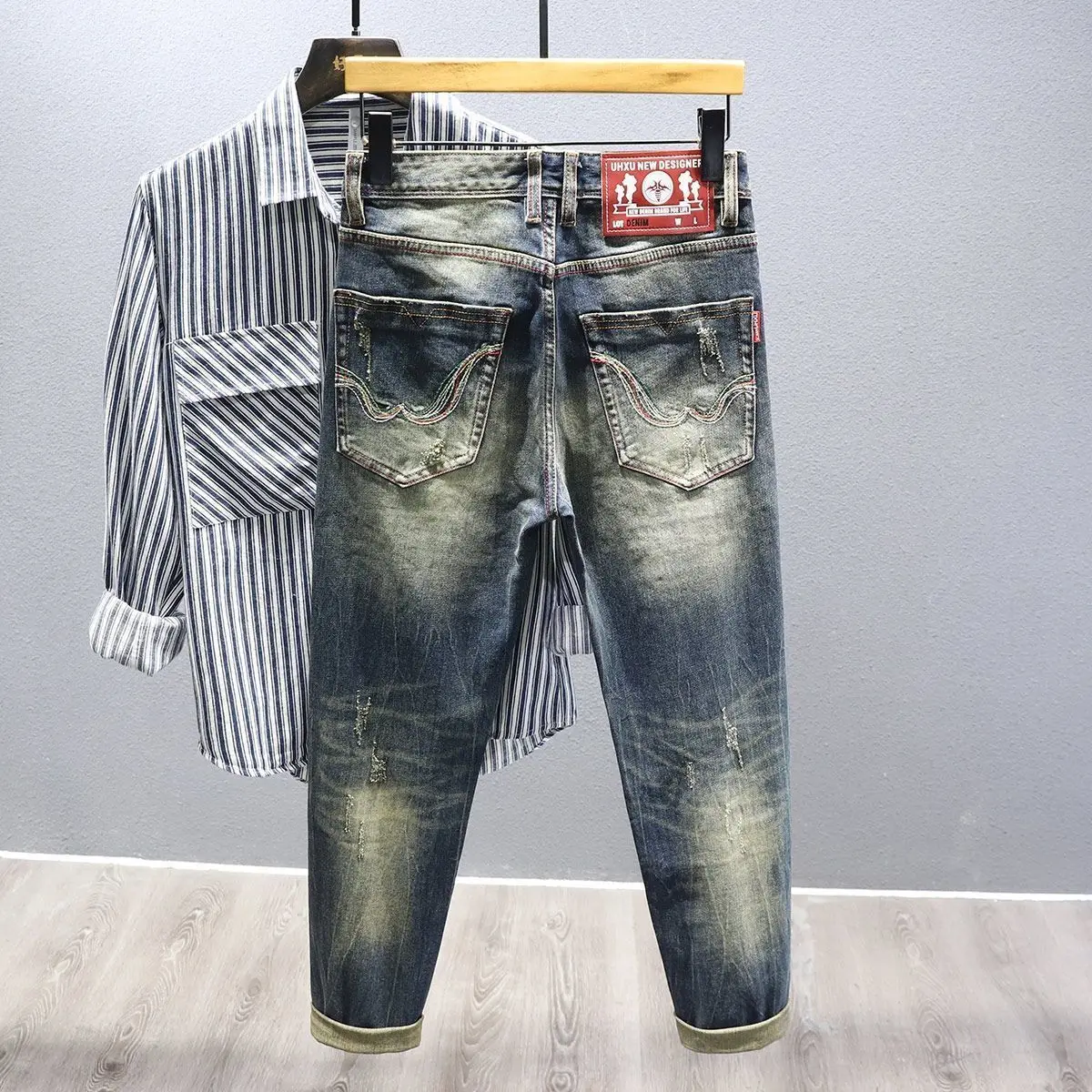 Trendy High Waist Straight Leg Jeans Casual Chic Slim Fit Denim Pants for Men Spring Autumn Wear Resistant Wear Daily Jeans