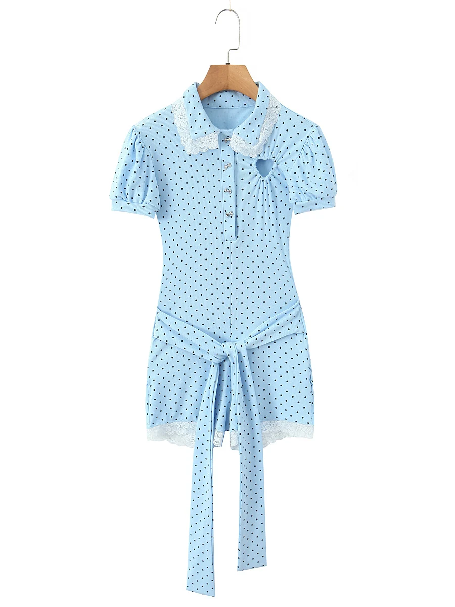 

Модный комбинезон с кружевной отделкой, вырезом в форме сердца, рукавами-фонариками, в горошек, с поясом на талии, укороченные брюки с высокой талией