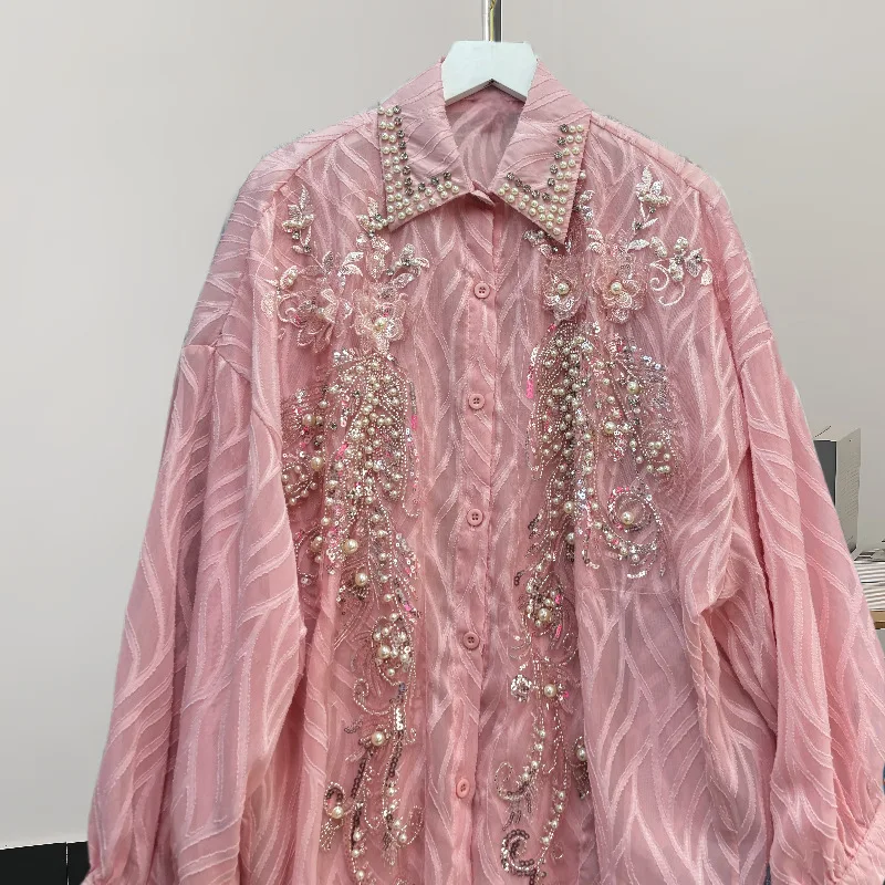 

Новая корейская версия универсальной женской рубашки с длинным рукавом во французском стиле, дизайнерский нишевый топ средней длины с пайетками и стразами в стиле Heavy Industry