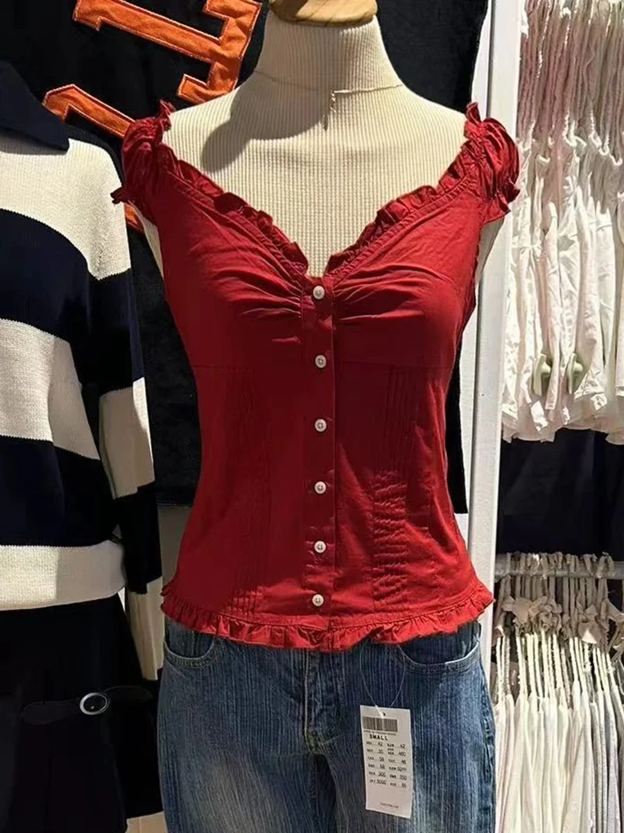 NONE Rüschen weiß Basic Bluse Top für Frau Sommer falten einreihige ärmellose Tanktops lässige Baumwoll weste y2k süße Leibchen 7