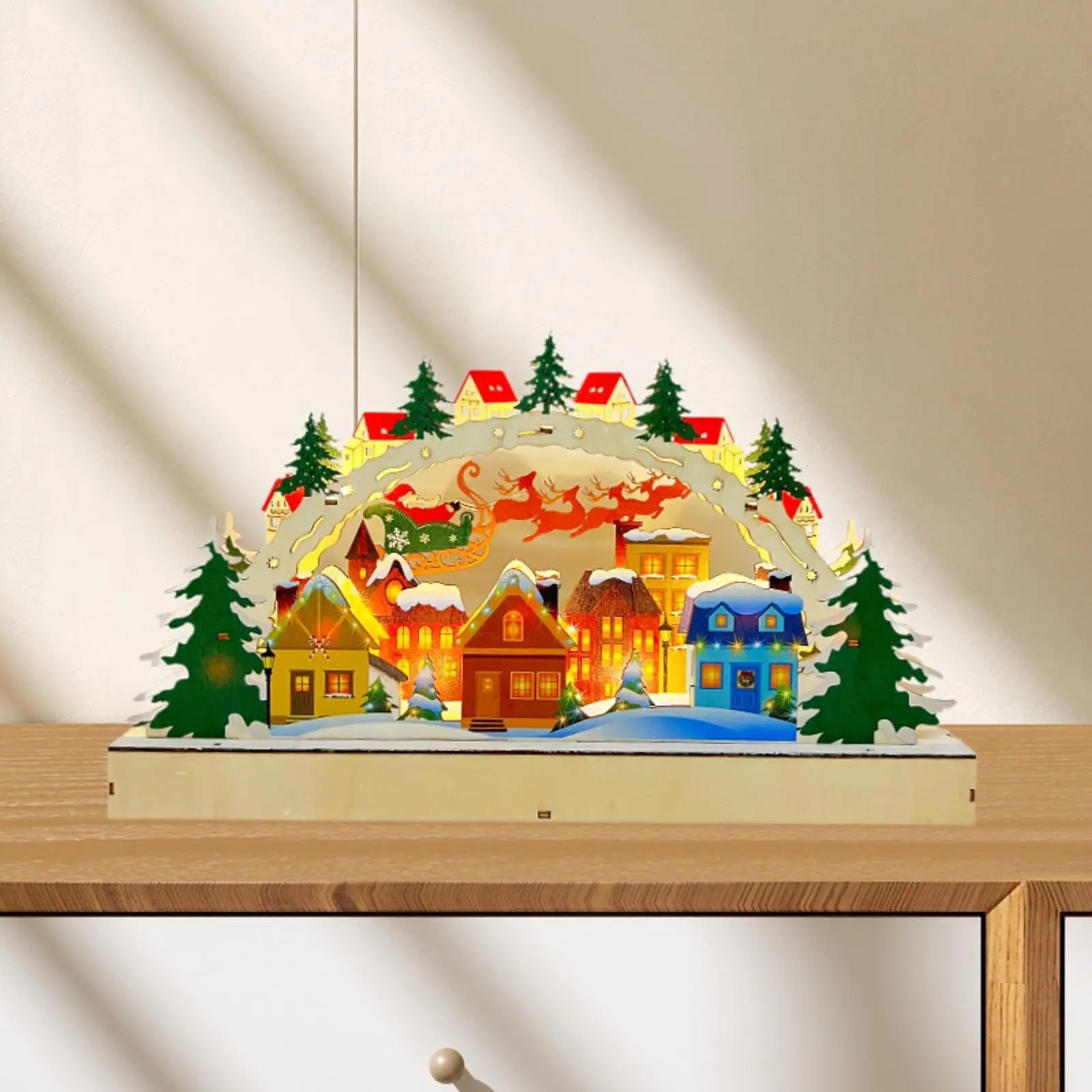 Wooden Christmas Decoration Illuminated Gifts Figurine Wooden Festive Scenes