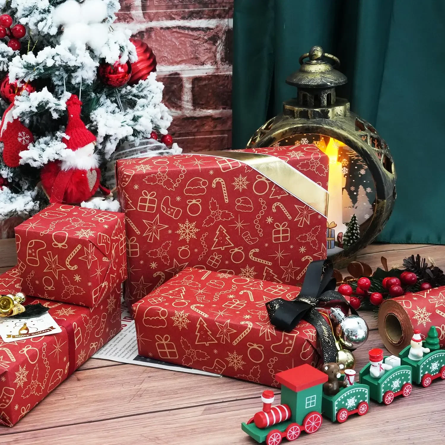 1 Rolle (43cm*300cm) Weihnachts-Kraftpapier Rotes Kraft-Geschenkpapier für Feiertage, Weihnachten, Geschenkverpackung mit Schneeflockenmuster, Weihnachtsfeier – Detail 3