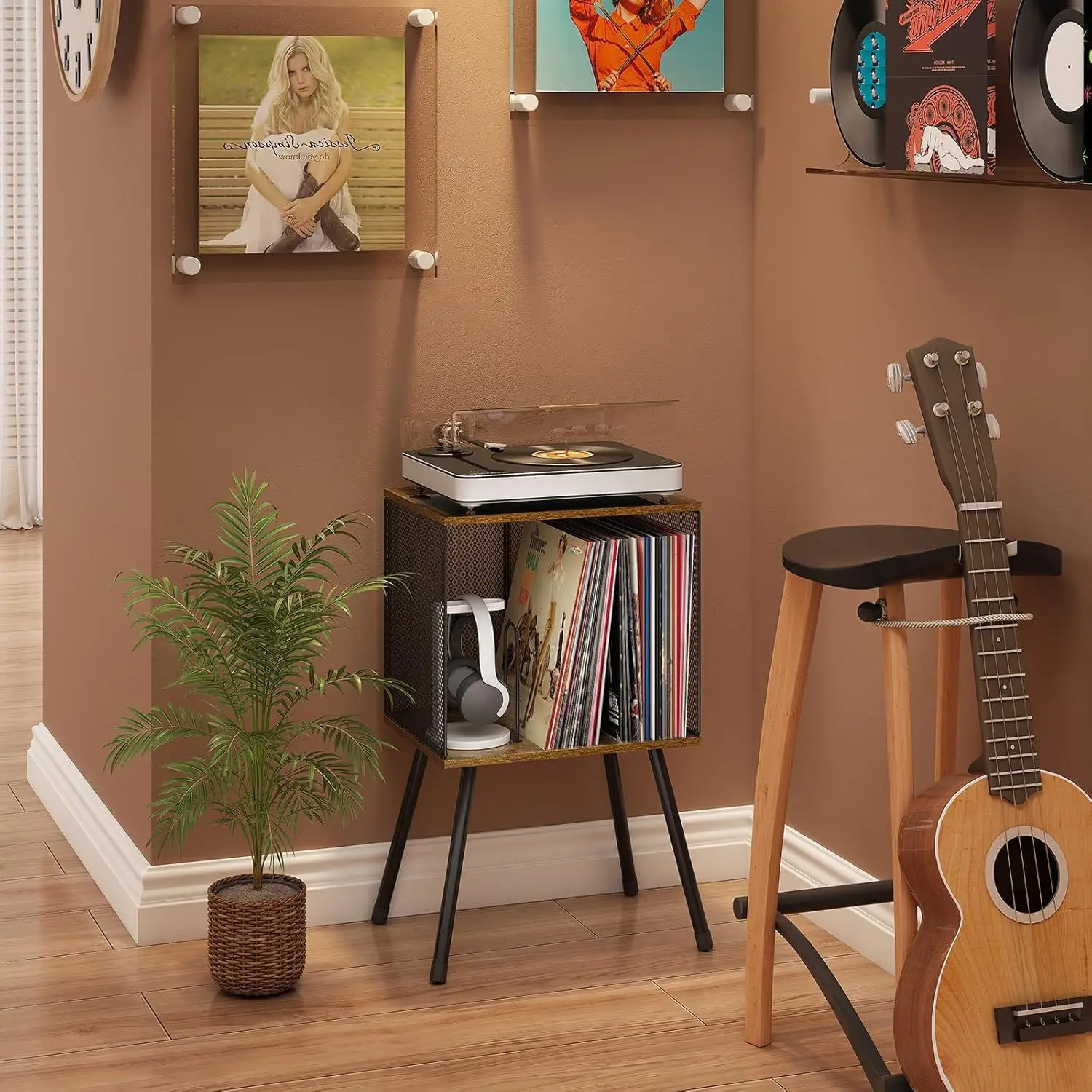 CD Rack Iron Wood Storage Table | Vinyl Record Player Stand Organizer | Adjustable Divider Disc Holder Living Room