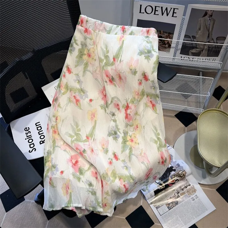 Donne primaverili in chiffon di media lunghezza stile coreano dolce stampa francese gonne in vita elastica allentata abiti temperamento elegante