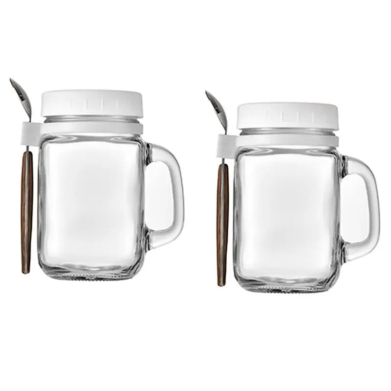 REST 2 Pieces Glass Containers with Handle and Spoon, Glass Storage Jars , Reusable Leak-Proof Cups for Travelling