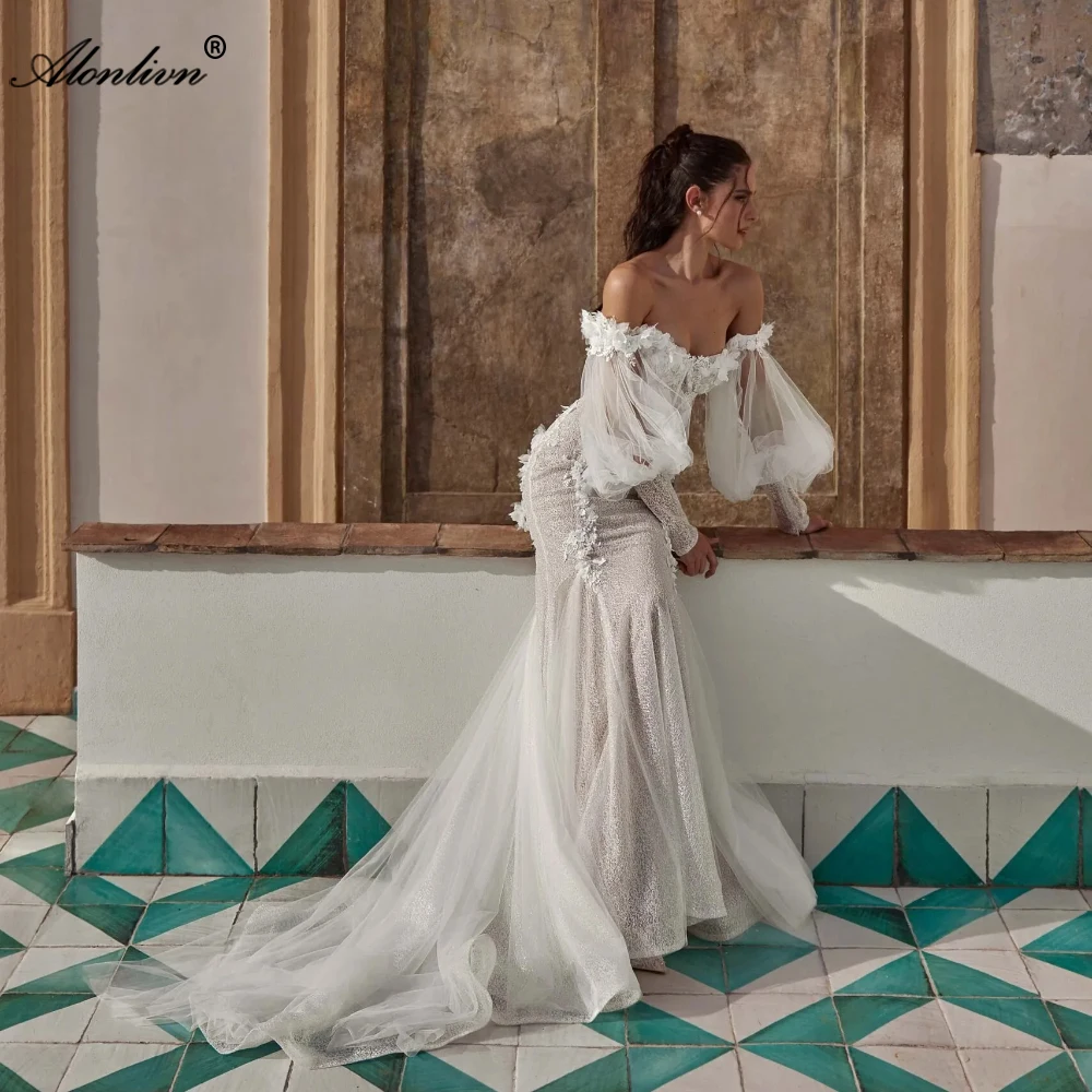 Alonlivn Custom Made Modern Shiny Lace Mermaid Wedding Dress Removable Sleeves Beading 3D Appliques Trumpet Bridal Gowns