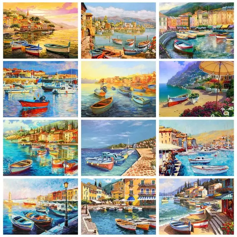 

GATYZTORY Painting By Number Sailing Drawing On Canvas Wall Art Hand Painted DIY Picture By Numbers Seaside houses Home Decor