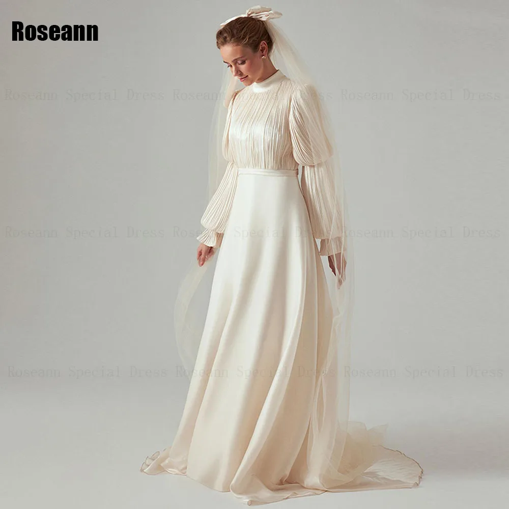 

Muslim Exquisite A-line Ivory Wedding Dresses Satin Draped Pleat High Collar Ruffle Bride Gown Floor Length robe de mariée