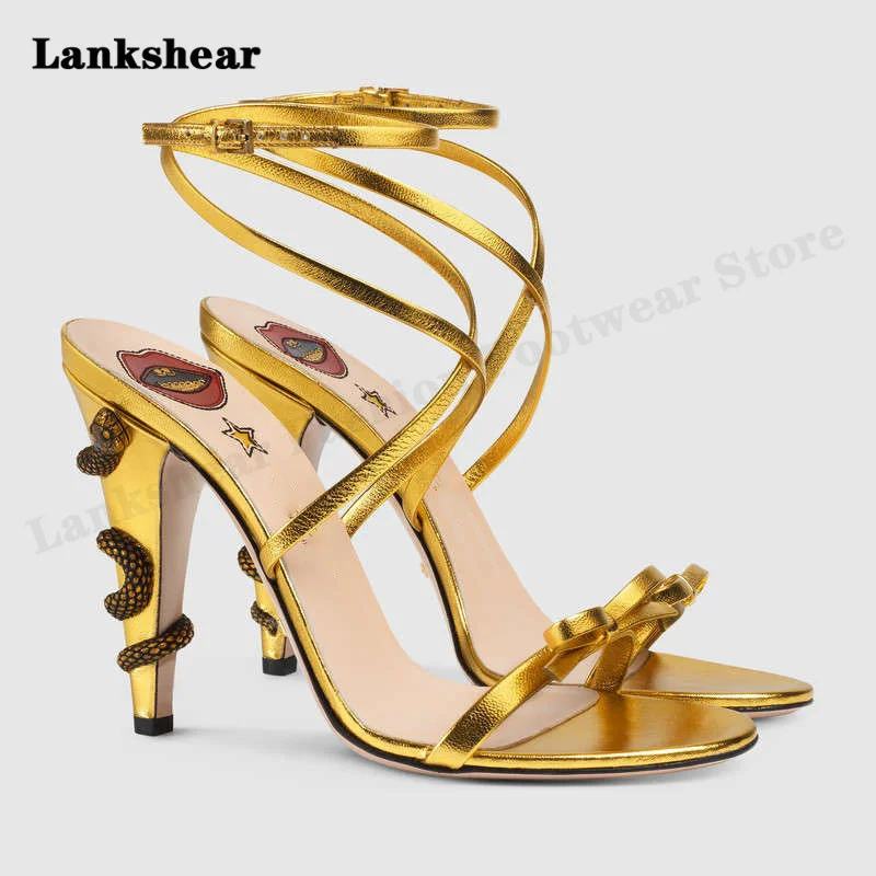 

Luxurious Snake Heel Sandals Buckle Strap Design High Heels Pointed Toe Shoes for Women Stiletto Fashion Style Summer Shoes