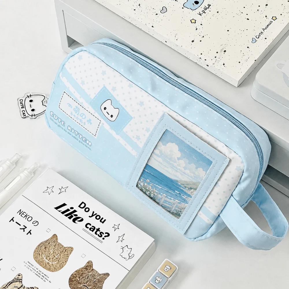 Durable Blue Pencil Case Polka Dot Print Cute Cat Pencil Pouch Large Capacity Stationery Bag School Supplies