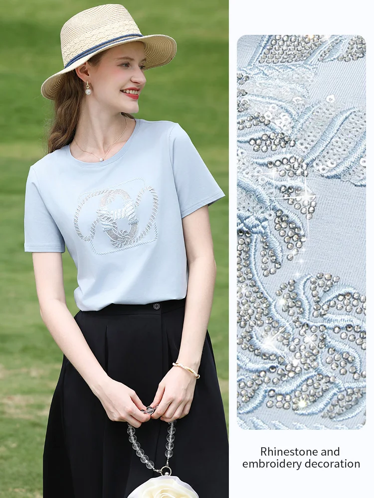 ICH GLAUBE SIE Kurzarm T-shirt frauen Perlen Stickerei Oansatz Top 2025, Sommer Neue Casual Blau T Weibliche Kleidung 2252016037