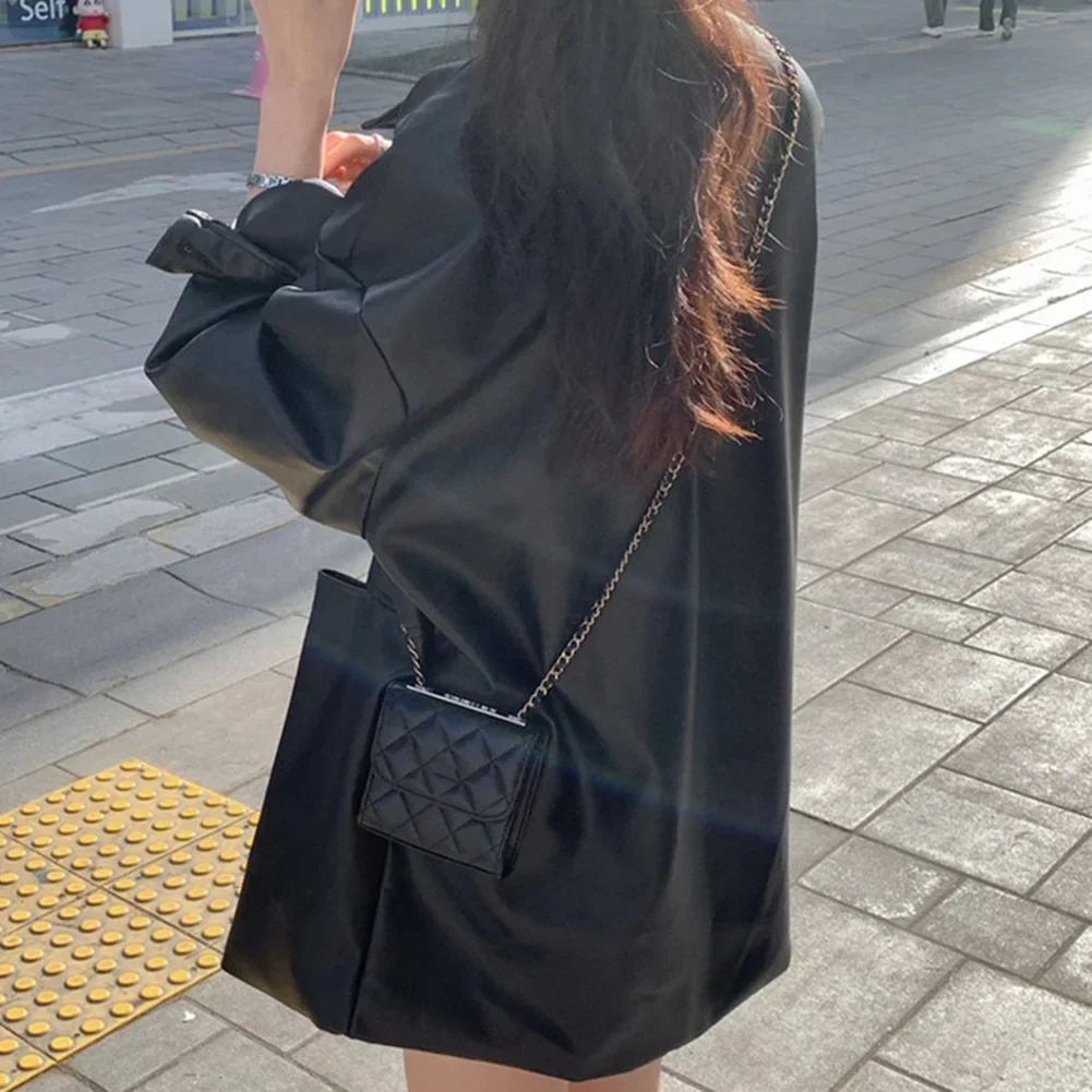 

Lapel Loose Jacket Women's Leather Jacket Spring Holiday Slight Stretch Fabric Versatile Outerwear For Holiday Wear