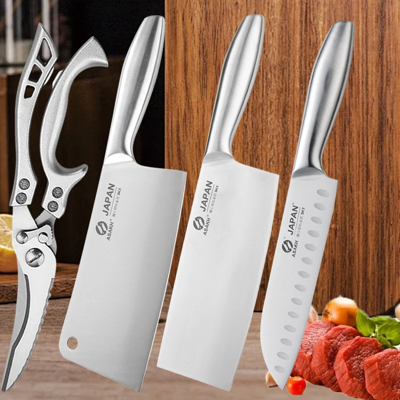 Stainless Steel Kitchen Scissor Knives Professional Boning Knife Hollow Handle Chopping Knife Butcher Cleaver Knife with Holder