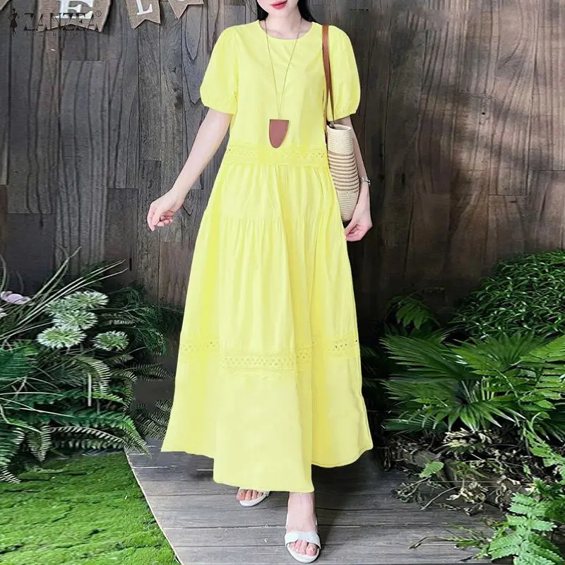 

Женские костюмы ZANZEA с кружевными вставками, укороченные топы с пышными рукавами и макси-юбки А-силуэта, комплекты из 2 предметов, летние повседневные наряды