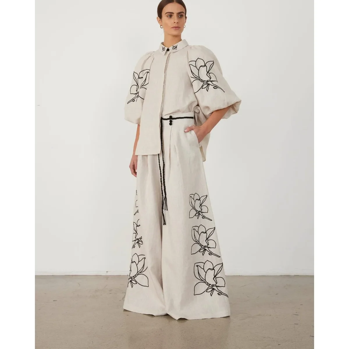 팝 럭셔리 디자인 코튼 투피스 세트 여성 의상 셔츠 하이 웨이스트 와이드 레그 팬츠 빈티지 하라주쿠 슈트 Office Lady High-end