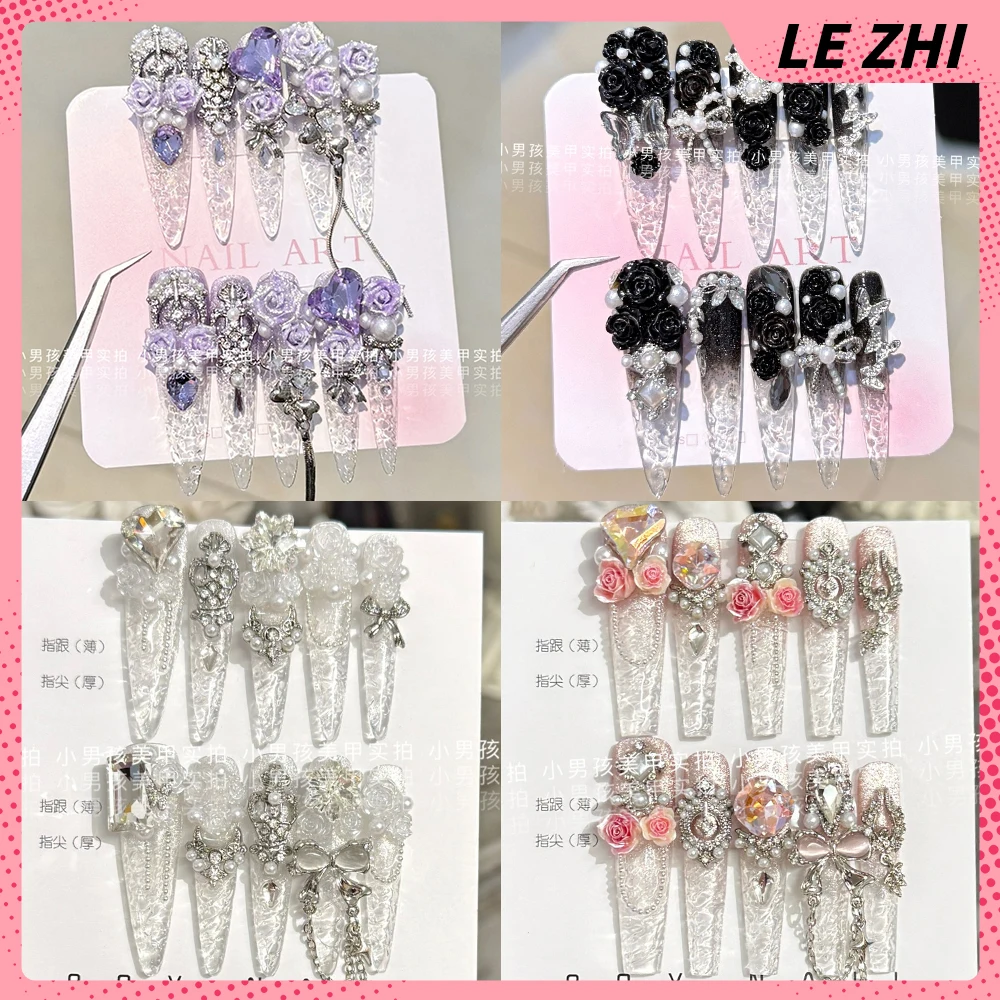 

10Pcs Sweet Cool 3D Flowers Handmade Long Stiletto Full Cover Nails Spicy Girl Sparkling Diamond Metal Bow Pearl Fake Nails