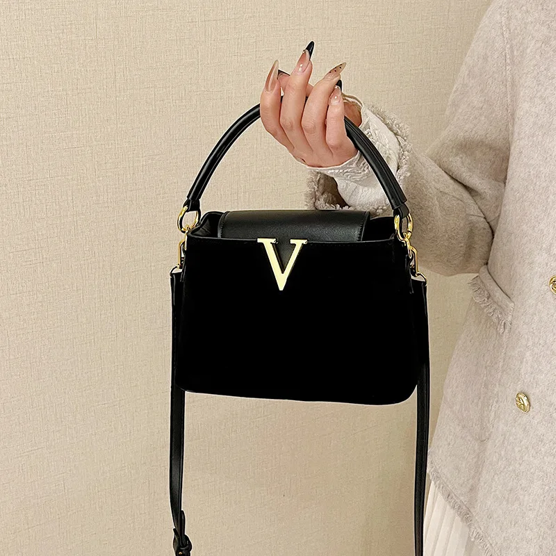 

Women's Fashion Suede Bucket Bag - Platinum V-Detail Sophisticated, Urban Commuter Top-Handle Crossbody