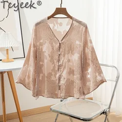 Tcyeek 100% Mulberry Silk Shirt for Women 2024 Elegant Women's Shirts Summer Clothes V--neck Womens Tops Casual Рубашка Женская